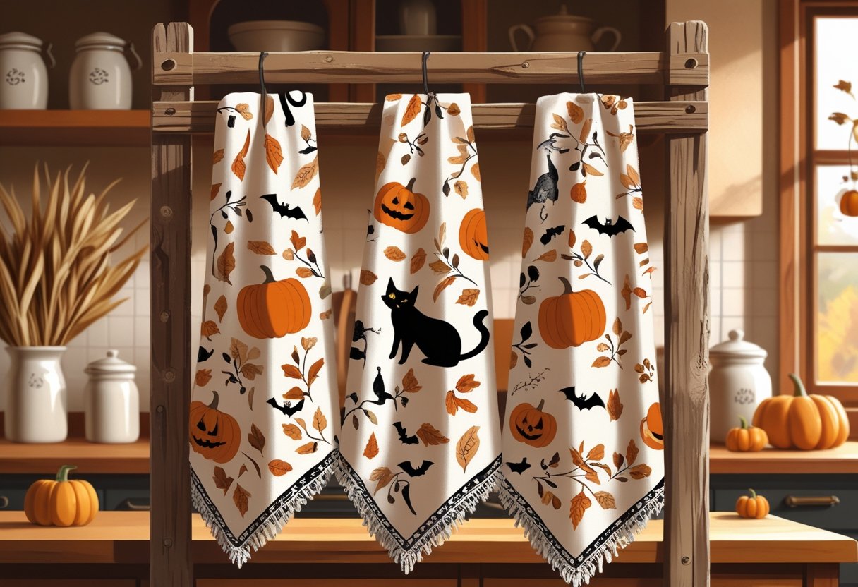 32 Farmhouse Halloween Decor Ideas 2025: Rustic Autumn Decorations for a Cozy Seasonal Home 32 A kitchen with Halloween-themed towels hanging on a wooden rack, pumpkins and autumn decorations on the countertop, and soft natural light coming through a window.