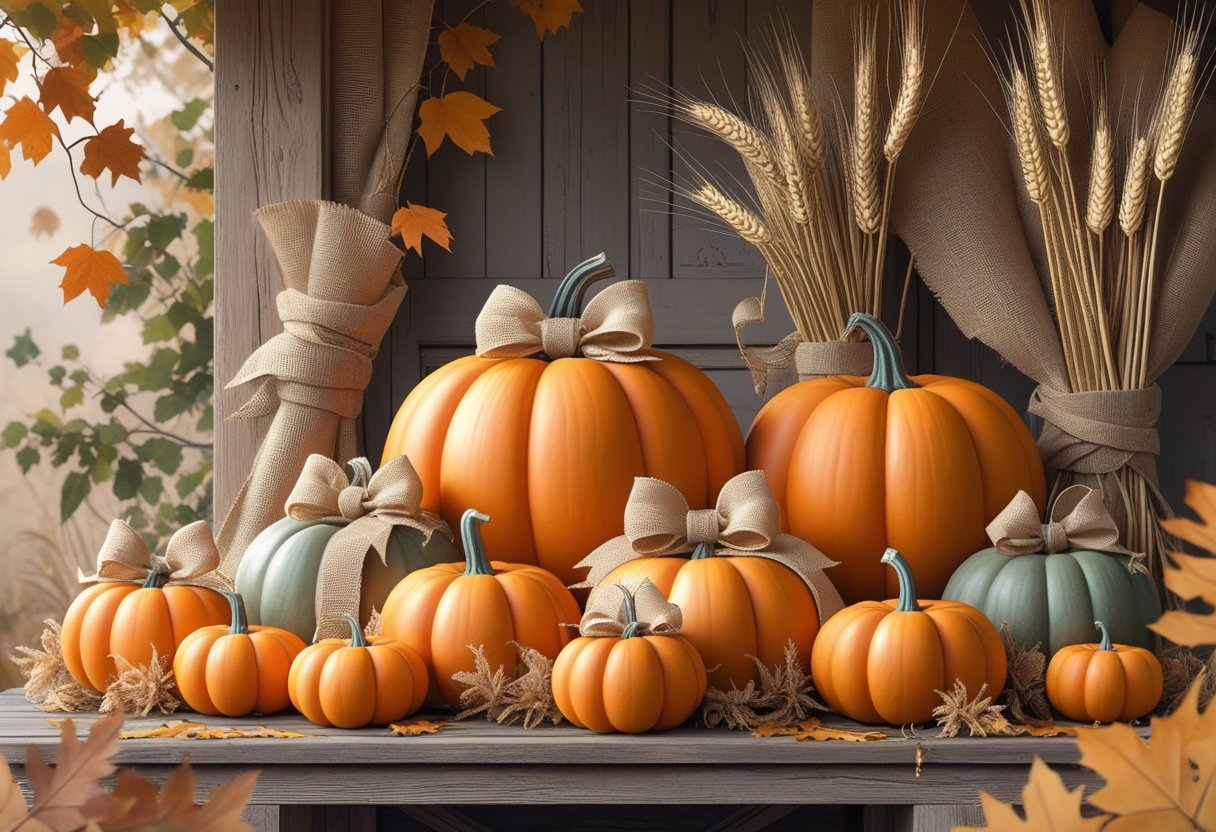 32 Farmhouse Halloween Decor Ideas 2025: Rustic Autumn Decorations for a Cozy Seasonal Home 33 Clusters of pumpkins with burlap ribbons arranged on a wooden surface surrounded by autumn leaves and dried wheat stalks.