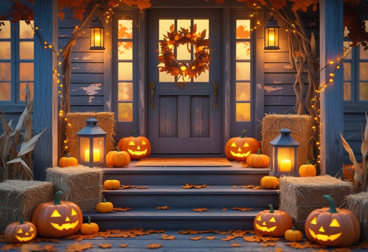 32 Farmhouse Halloween Decor Ideas 2025: Rustic Autumn Decorations for a Cozy Seasonal Home 35 A farmhouse entryway decorated for Halloween with glowing vintage lanterns, pumpkins, hay bales, autumn leaves, and a wreath on the front door.
