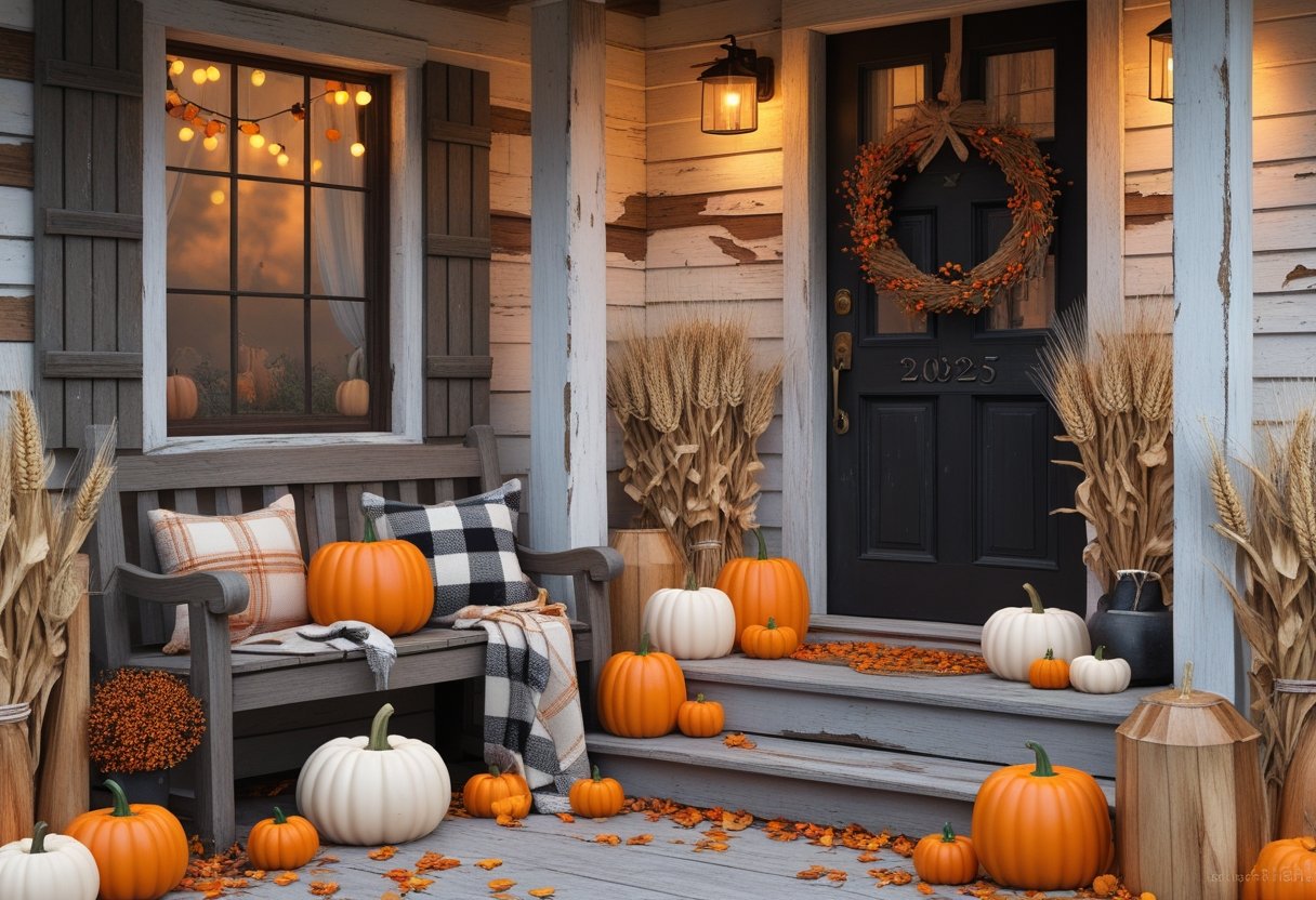 32 Farmhouse Halloween Decor Ideas 2025: Rustic Autumn Decorations for a Cozy Seasonal Home 36 A farmhouse porch decorated with pumpkins, dried corn stalks, wheat bundles, a lantern, string lights, and autumn leaves for Halloween.