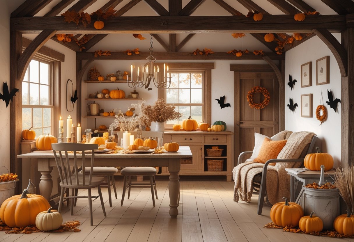 32 Farmhouse Halloween Decor Ideas 2025: Rustic Autumn Decorations for a Cozy Seasonal Home 39 A cozy farmhouse room decorated for Halloween with pumpkins, autumn leaves, candles, and rustic wooden furniture creating a warm and inviting atmosphere.
