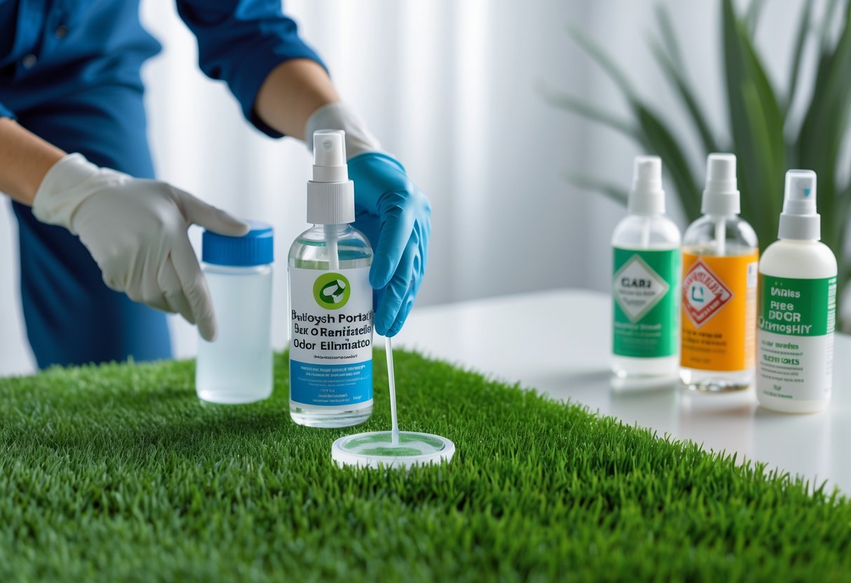 Close-up of a person applying a clear liquid odor eliminator to artificial turf with other cleaning products nearby.