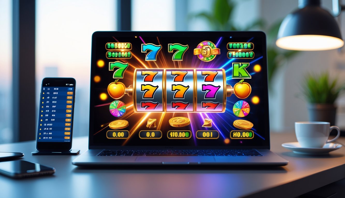 Seorang pengguna sedang bermain mesin slot online di laptop dengan latar belakang meja kerja yang rapi dan perangkat teknologi.