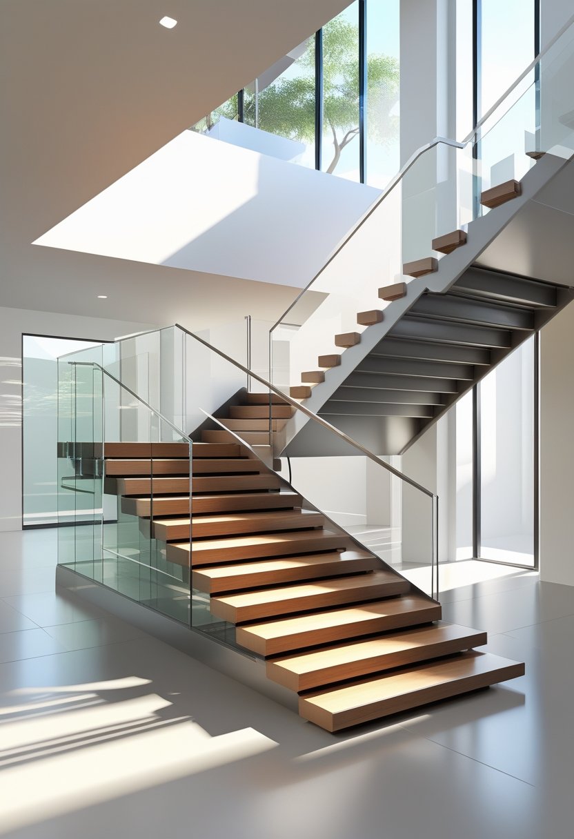 # Contemporary Staircase Design That Seamlessly Blends Style and Functionality with Striking Geometric Railings and Warm Wooden Accents for Modern Interiors Contemporary staircase design often balances the need for functionality with the desire for striking aesthetics. Geometric railings introduce clean lines and bold patterns that create visual interest while maintaining safety and structural integrity. Warm wooden accents soften these sharp designs, adding texture and a natural element that complements modern interiors. ![A modern staircase with angular steps and glass railings inside a bright, spacious room.