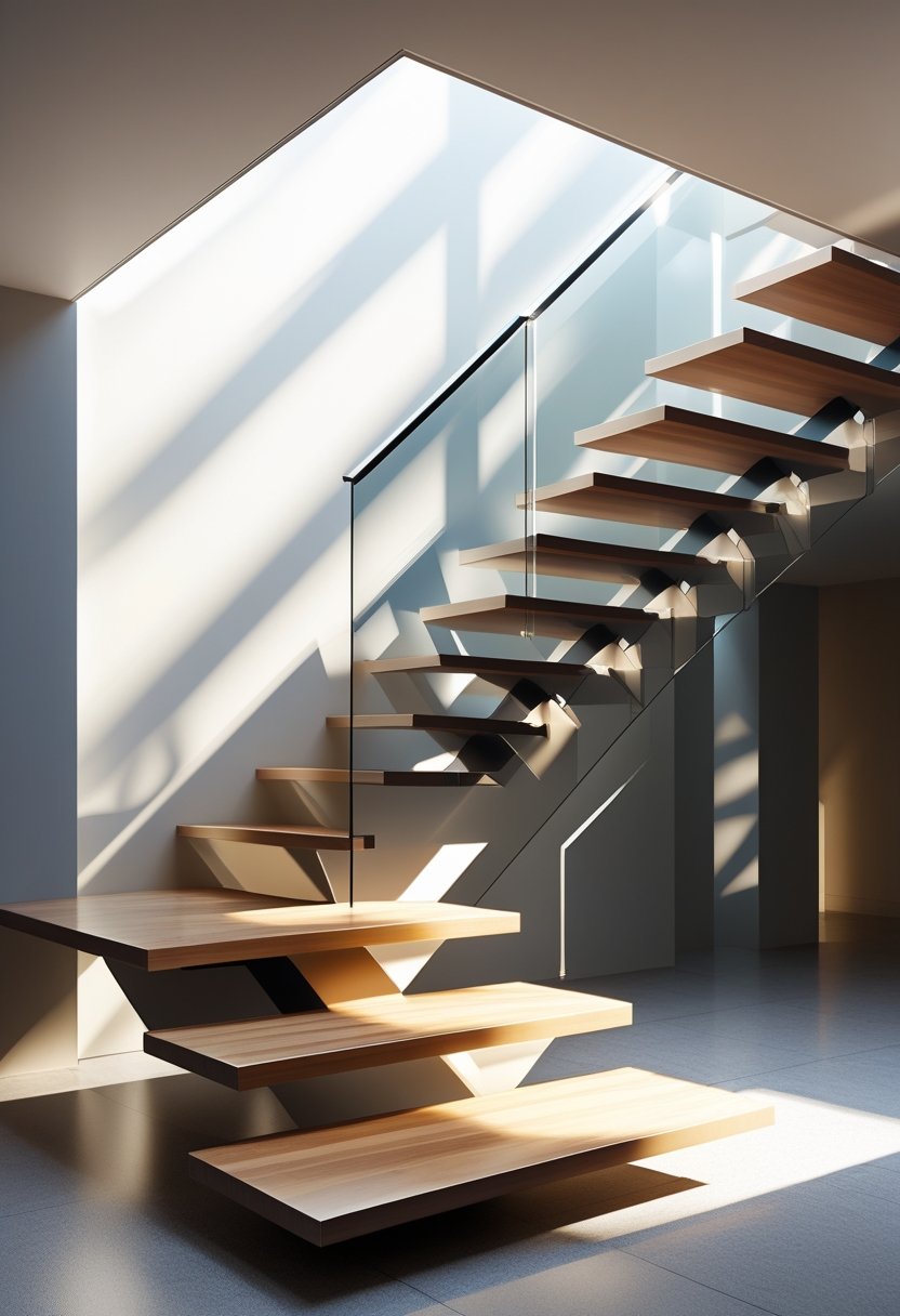A modern staircase with floating steps and glass railings inside a well-lit room.