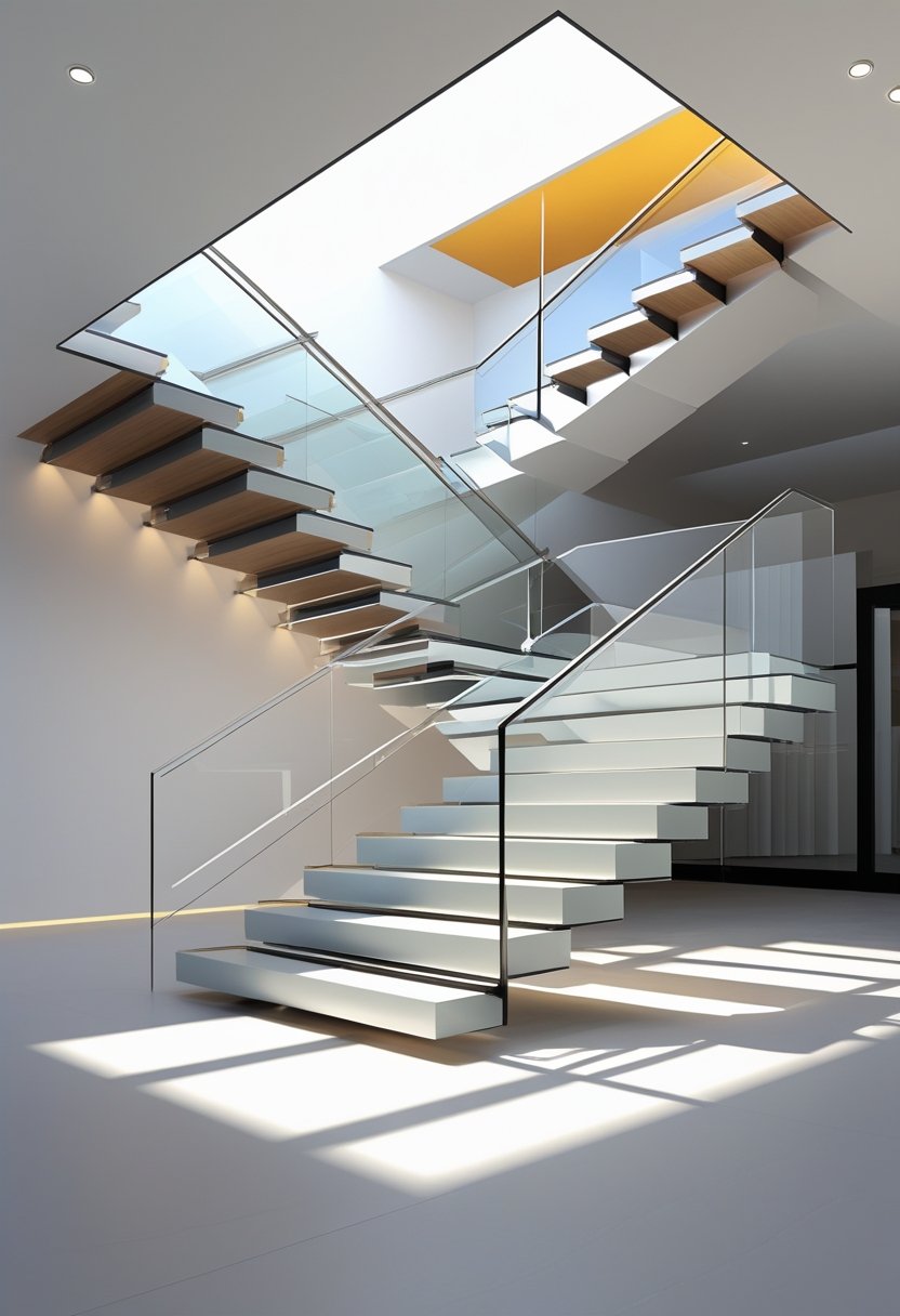 A modern staircase with floating steps and metal railings in a bright interior space.