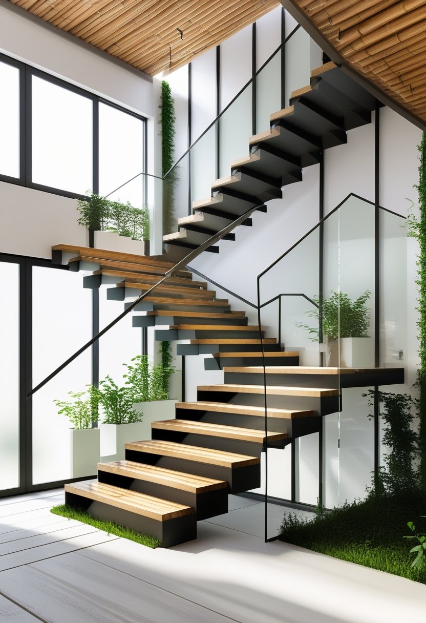A modern staircase with geometric steps made of natural wood and metal, surrounded by large windows and plants.