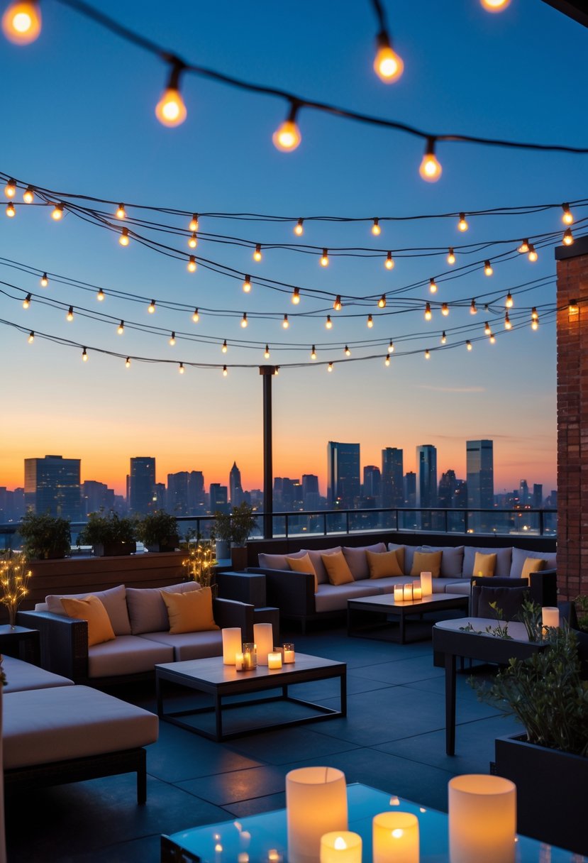 Rooftop at dusk with warm string lights hung overhead, outdoor furniture, and a city skyline in the background.
