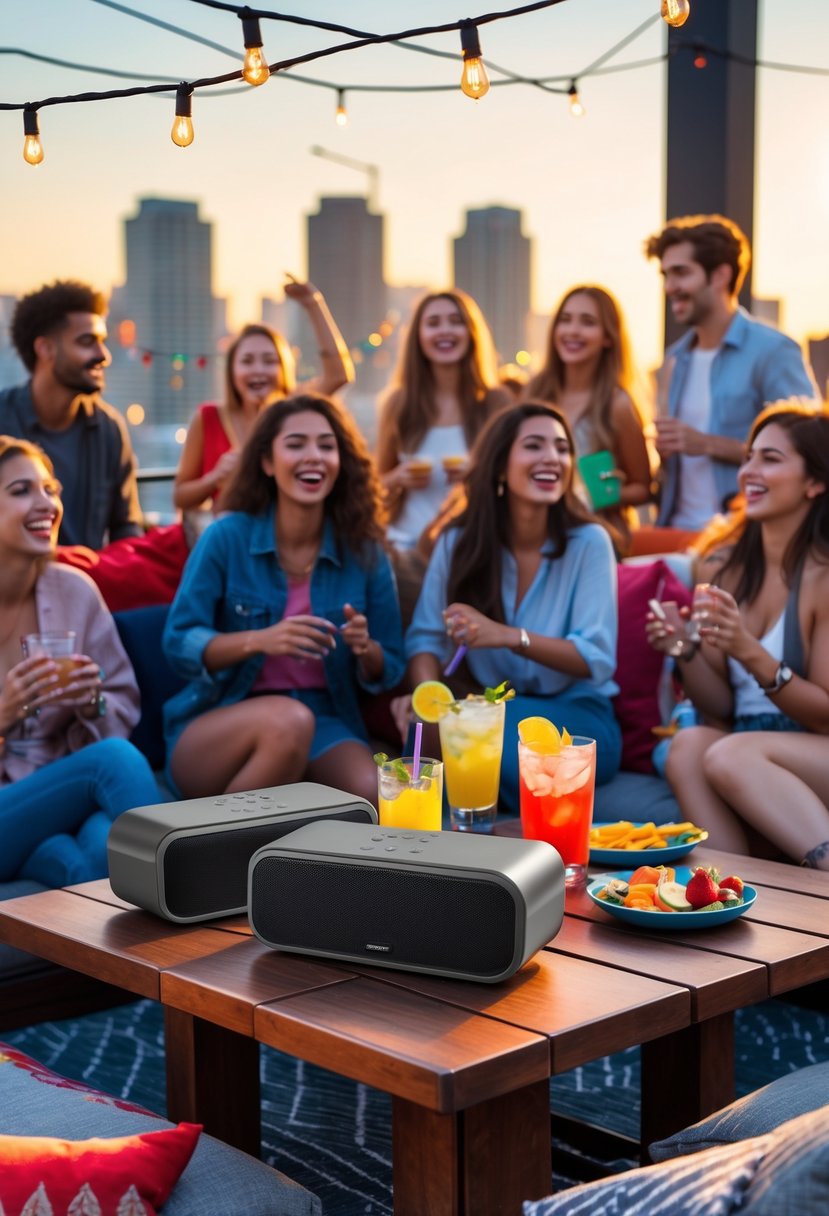 A group of people enjoying a rooftop party with portable Bluetooth speakers, drinks, and city skyline in the background.