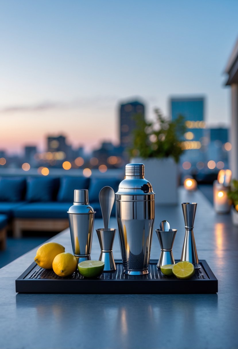 A compact cocktail kit with essential tools displayed on a rooftop with city views and evening lighting.
