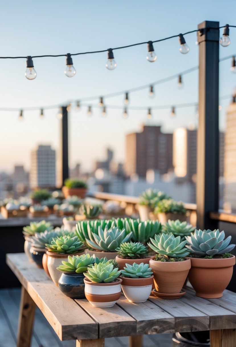 A rooftop table decorated with various potted succulents and string lights with city buildings in the background.