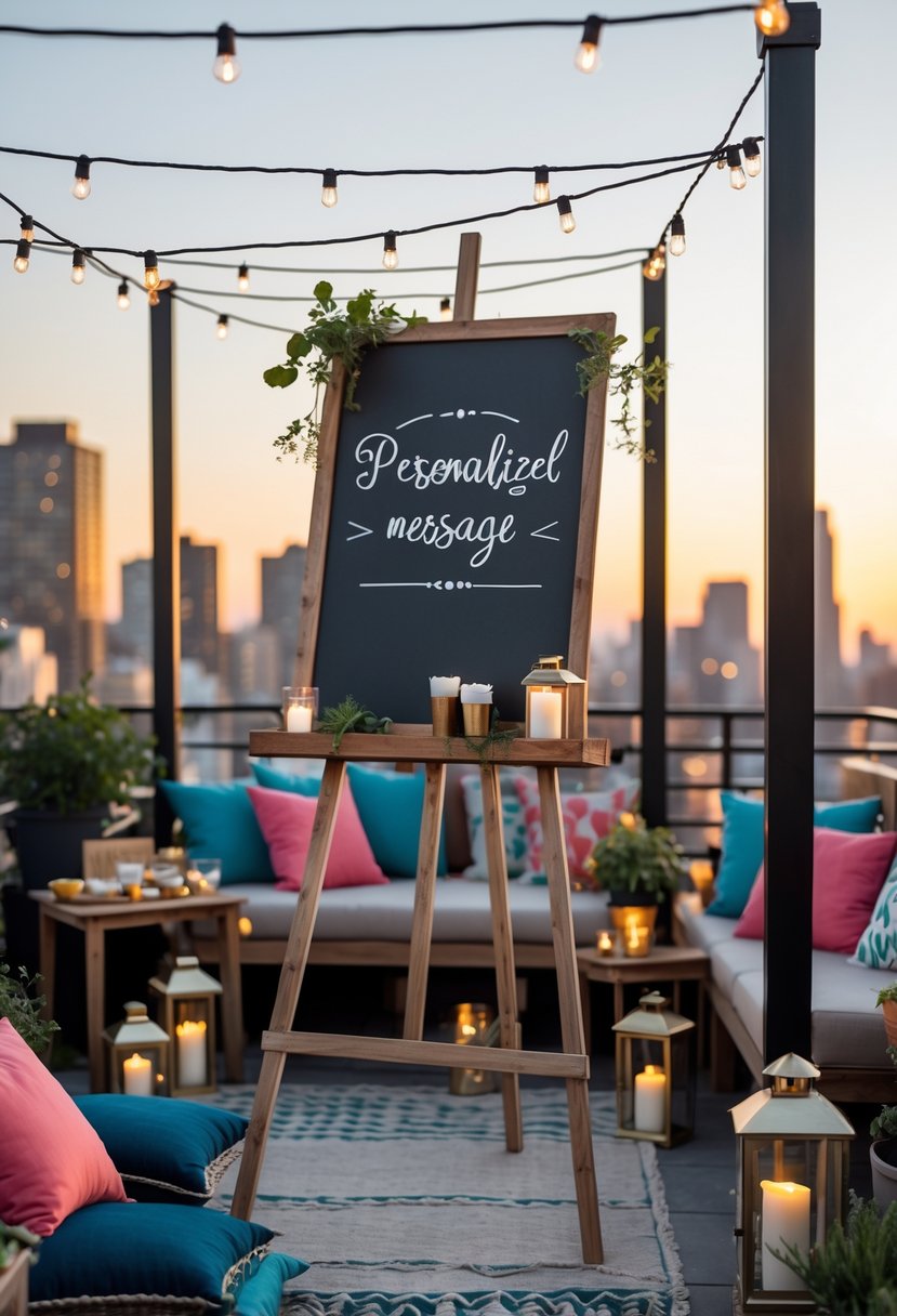 Rooftop party setup with a wooden chalkboard sign on an easel, surrounded by string lights, plants, and comfortable seating with a city skyline in the background.