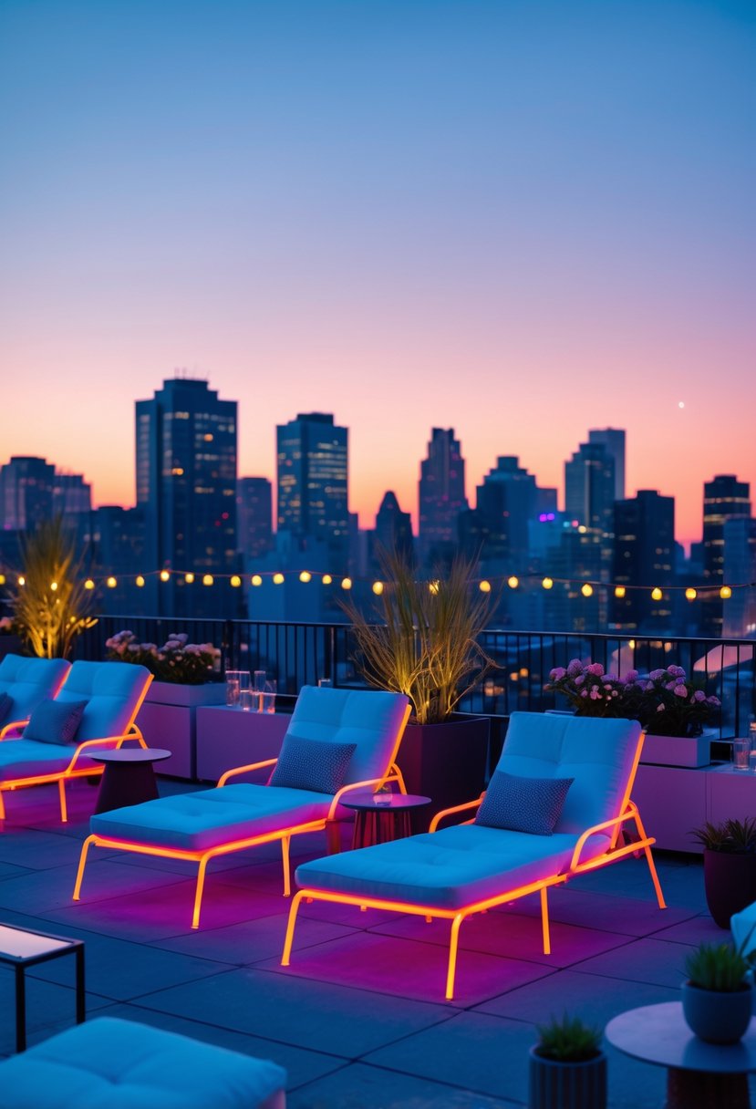 Rooftop with neon-lit lounge chairs overlooking a city skyline at twilight, set up for a relaxed outdoor gathering.