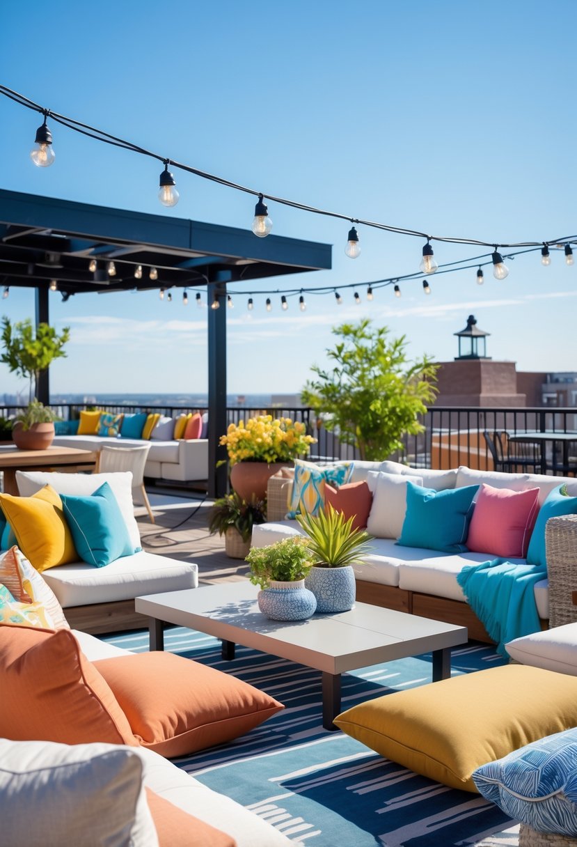 A rooftop terrace with colorful throw pillows arranged on outdoor seating under string lights on a sunny day.