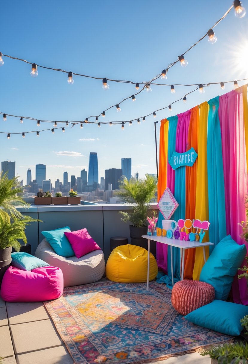 A rooftop photo booth corner with colorful decorations, props, and seating, overlooking a city skyline.