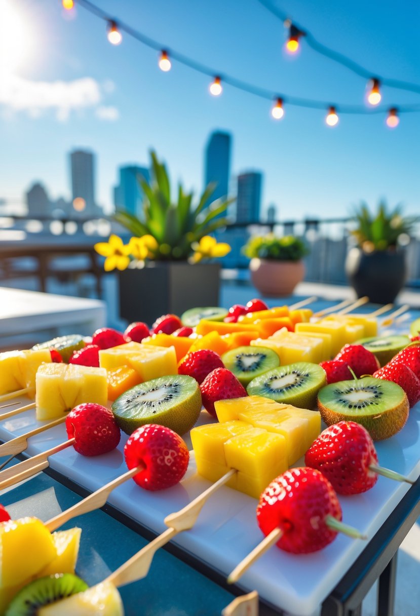 Close-up of tropical fruit skewers with pineapple, mango, kiwi, strawberries, and cherries on a rooftop table with a city skyline in the background.