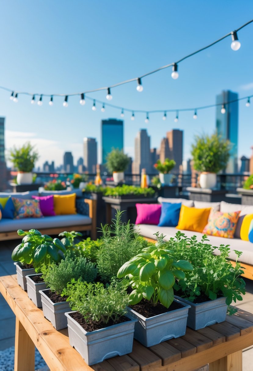 Rooftop with mini herb garden planters on a wooden table and city skyline in the background.