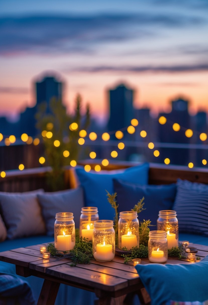 Rooftop table with glowing mason jar candles and soft evening cityscape in the background.