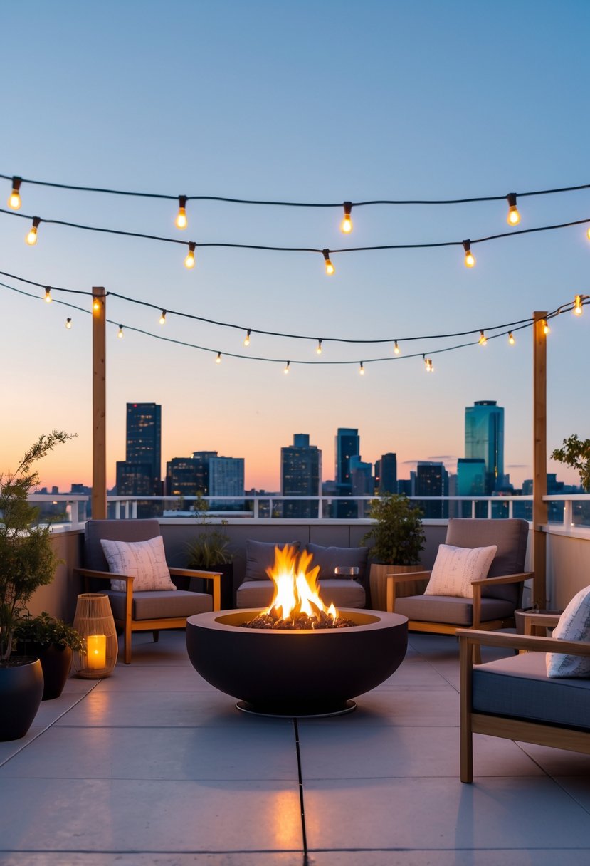 A rooftop terrace with a simple fire pit surrounded by chairs, string lights overhead, and a city skyline at dusk.