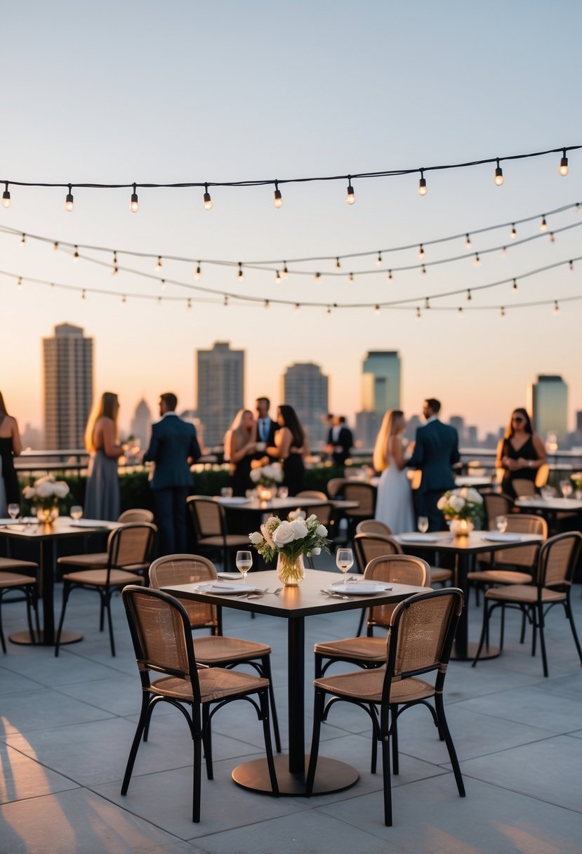 Rooftop terrace with bistro tables, string lights, and people socializing with a city skyline in the background.