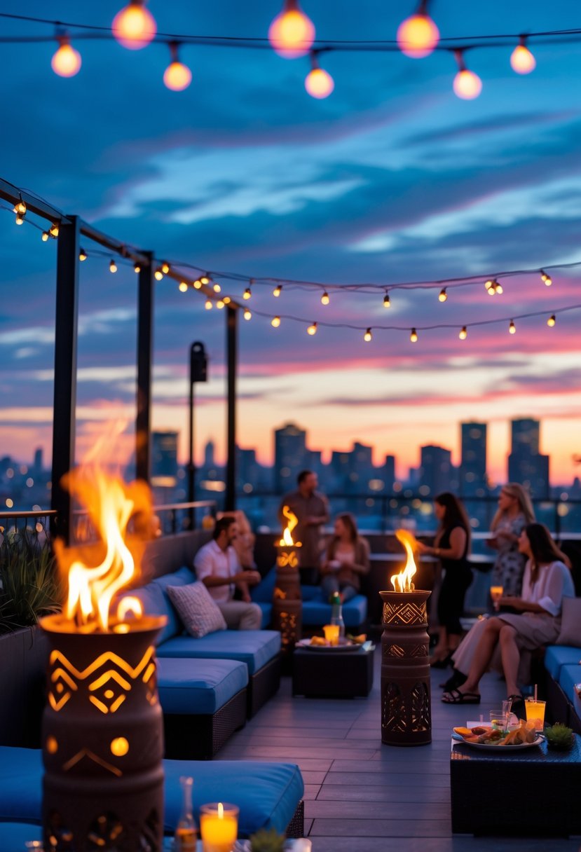 Rooftop party at dusk with lit tiki torches, people socializing, and city skyline in the background.