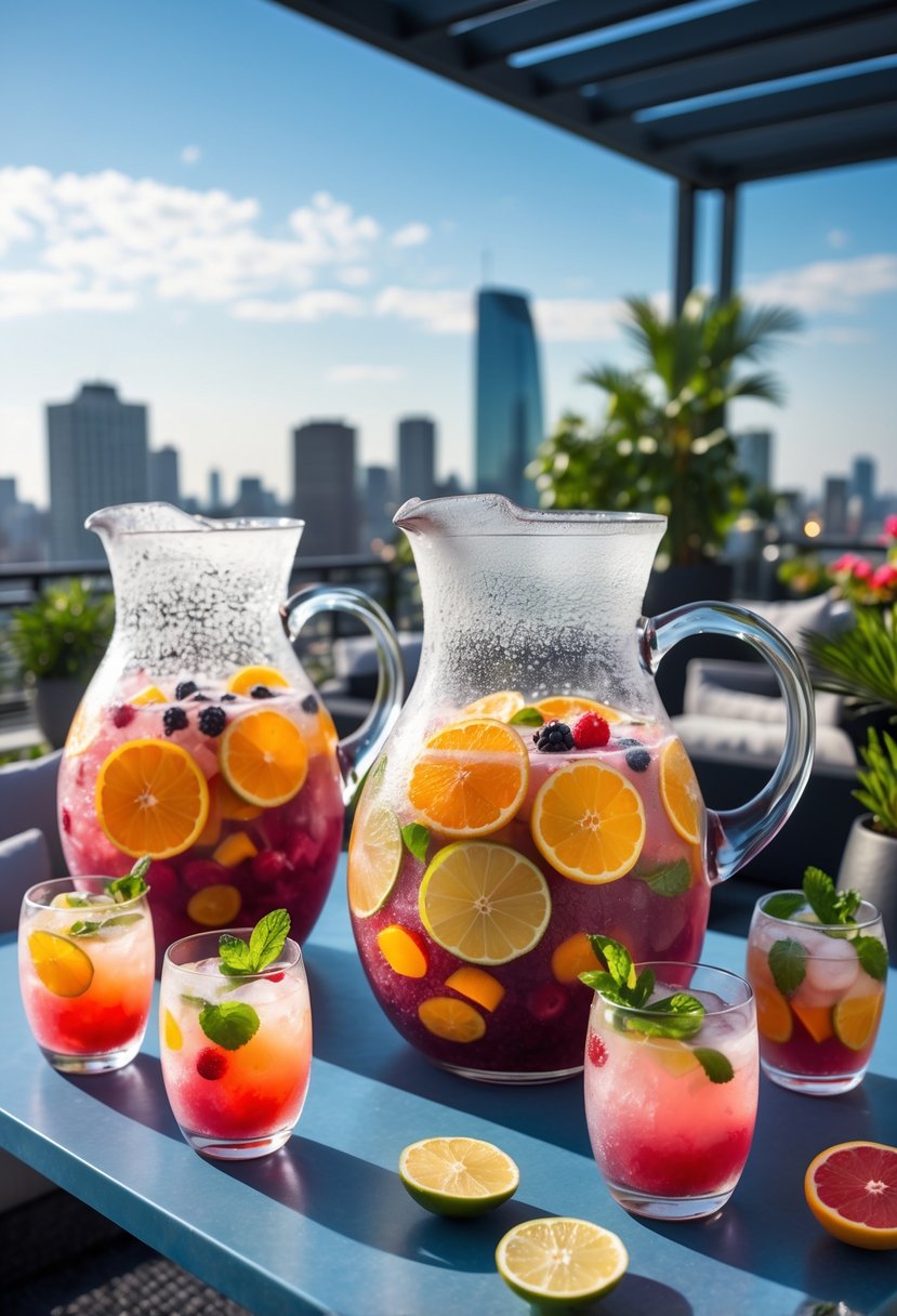 Two glass pitchers of frozen sangria with fruit slices on a rooftop table, surrounded by glasses and city skyline in the background.