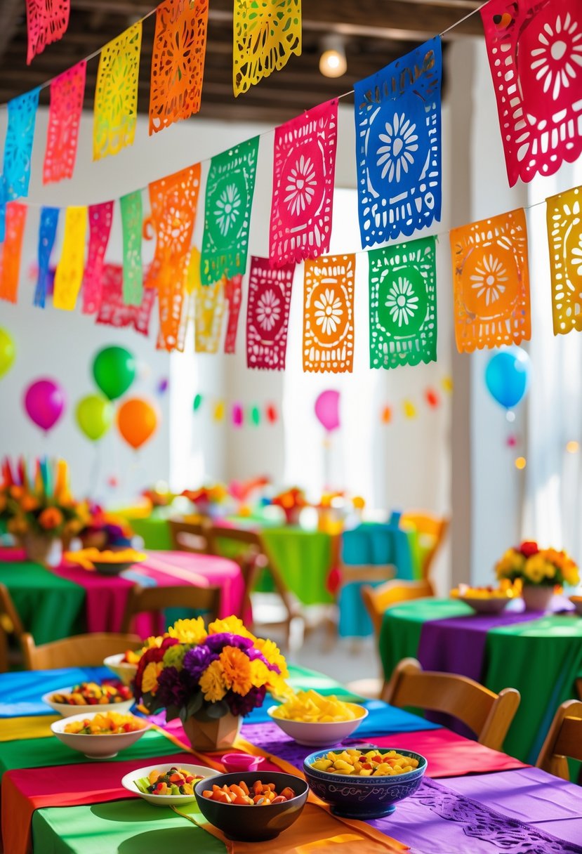 Colorful papel picado banners hanging indoors above decorated tables with festive party decorations.