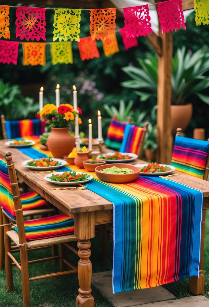 A festive outdoor table with colorful Mexican serapes used as table runners and seat covers, decorated with traditional Mexican food and decorations.