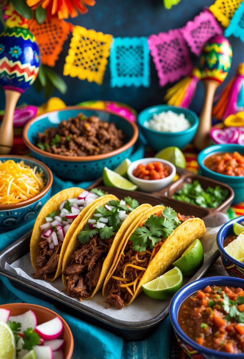 A taco bar with bowls of carne asada, carnitas, and various toppings arranged on a festive table with colorful decorations.