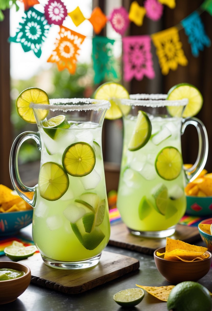 Two glass pitchers of margaritas with fresh lime wedges and salted rims on a decorated table with fiesta-themed party decorations.