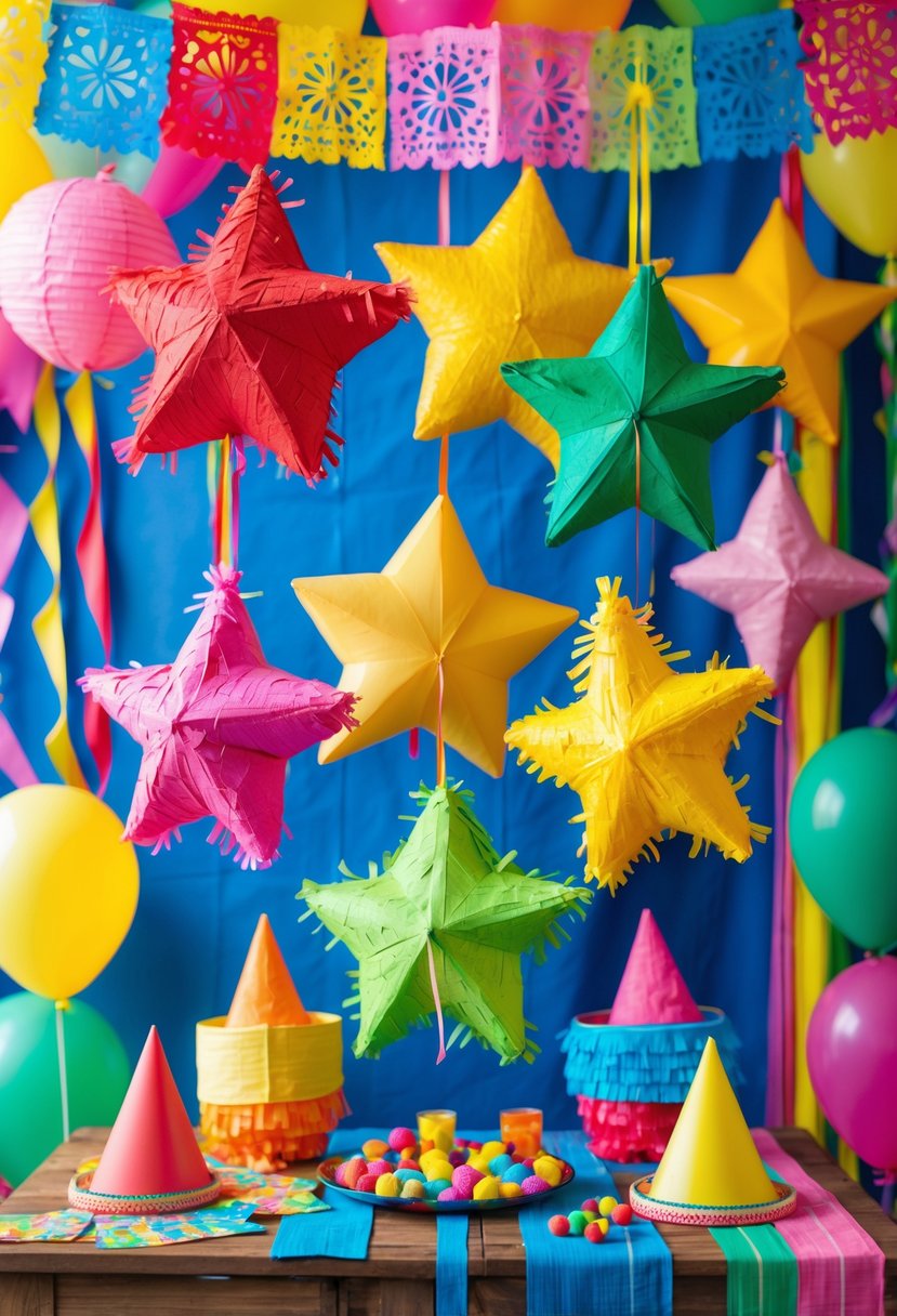 A collection of brightly colored piñatas hanging with festive decorations including banners and balloons at a party.
