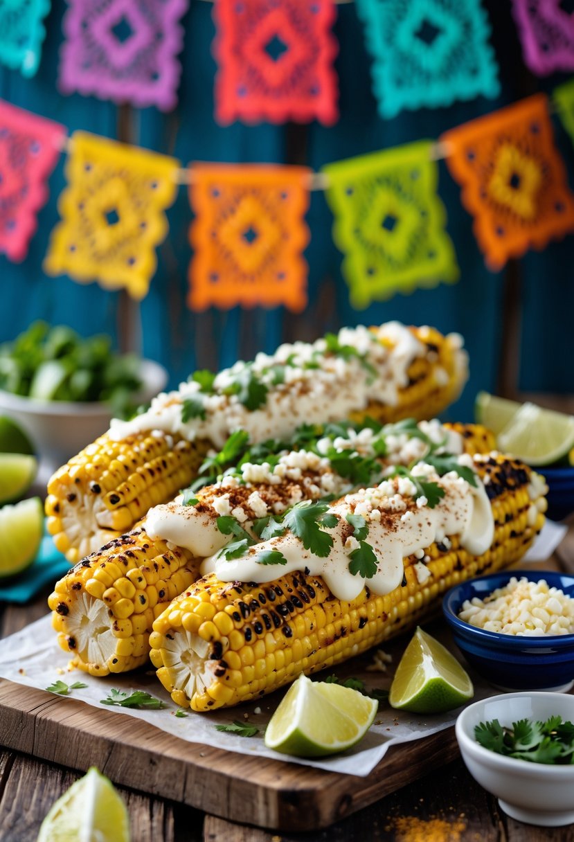 Grilled Mexican street corn topped with cotija cheese, chili powder, and cilantro on a wooden table with festive decorations in the background.