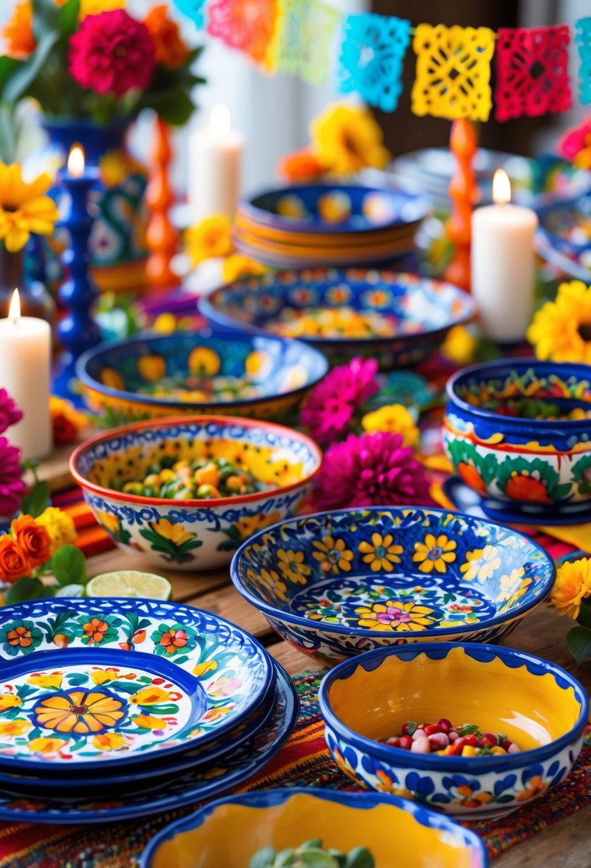 A table set with colorful hand-painted Talavera pottery serving dishes surrounded by festive decorations.
