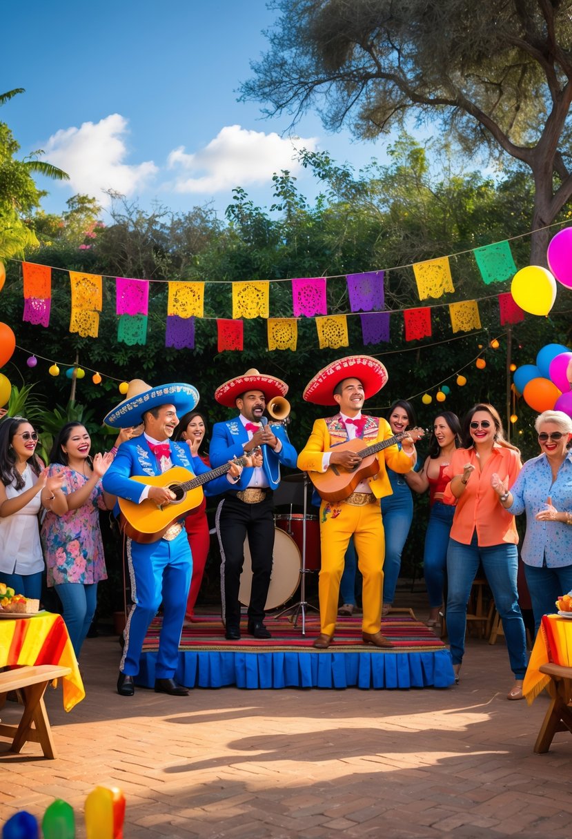 A live Mariachi band performing at a colorful outdoor fiesta with people dancing and festive decorations.