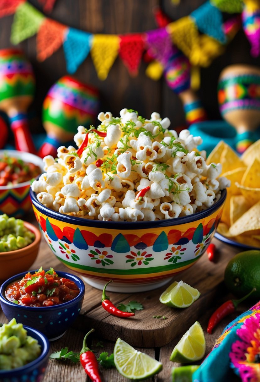 A bowl of chili lime popcorn surrounded by lime wedges, chili peppers, and fiesta decorations on a wooden table.