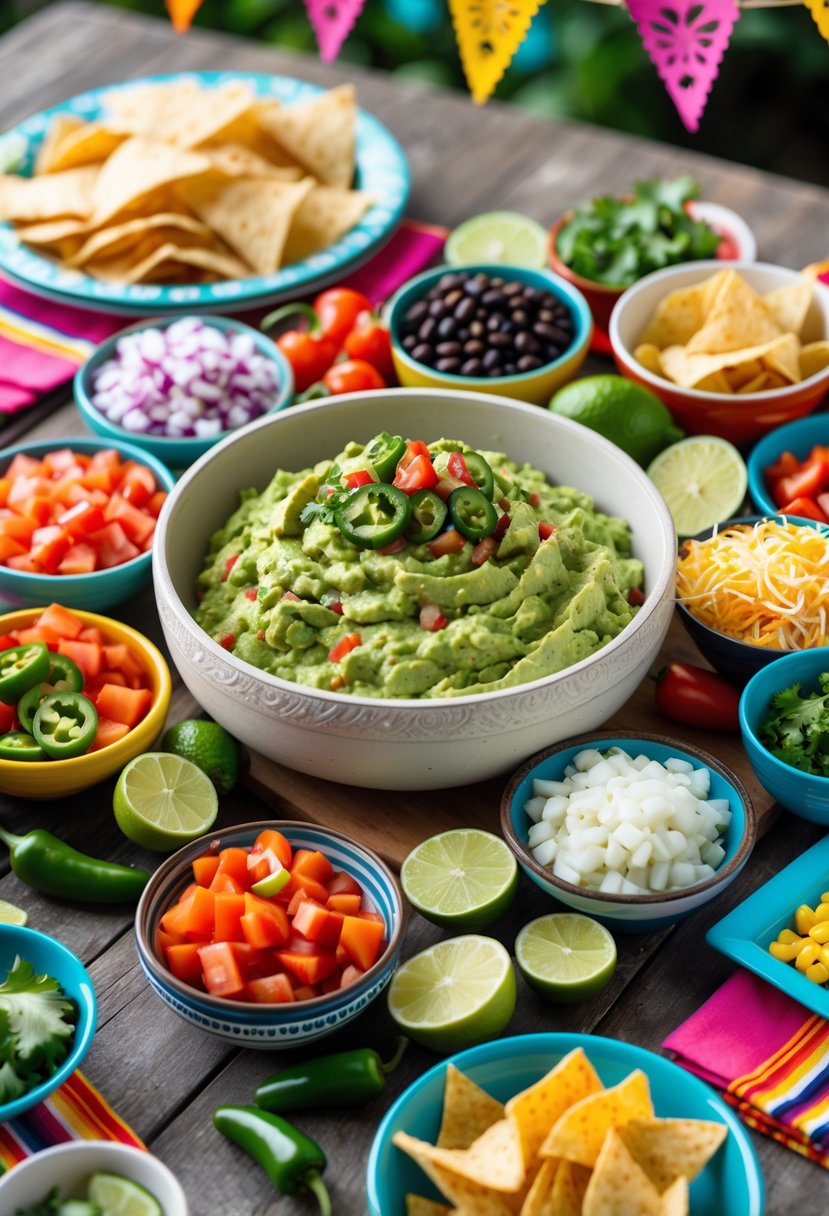 A table with a bowl of guacamole surrounded by bowls of various toppings and tortilla chips for a party.