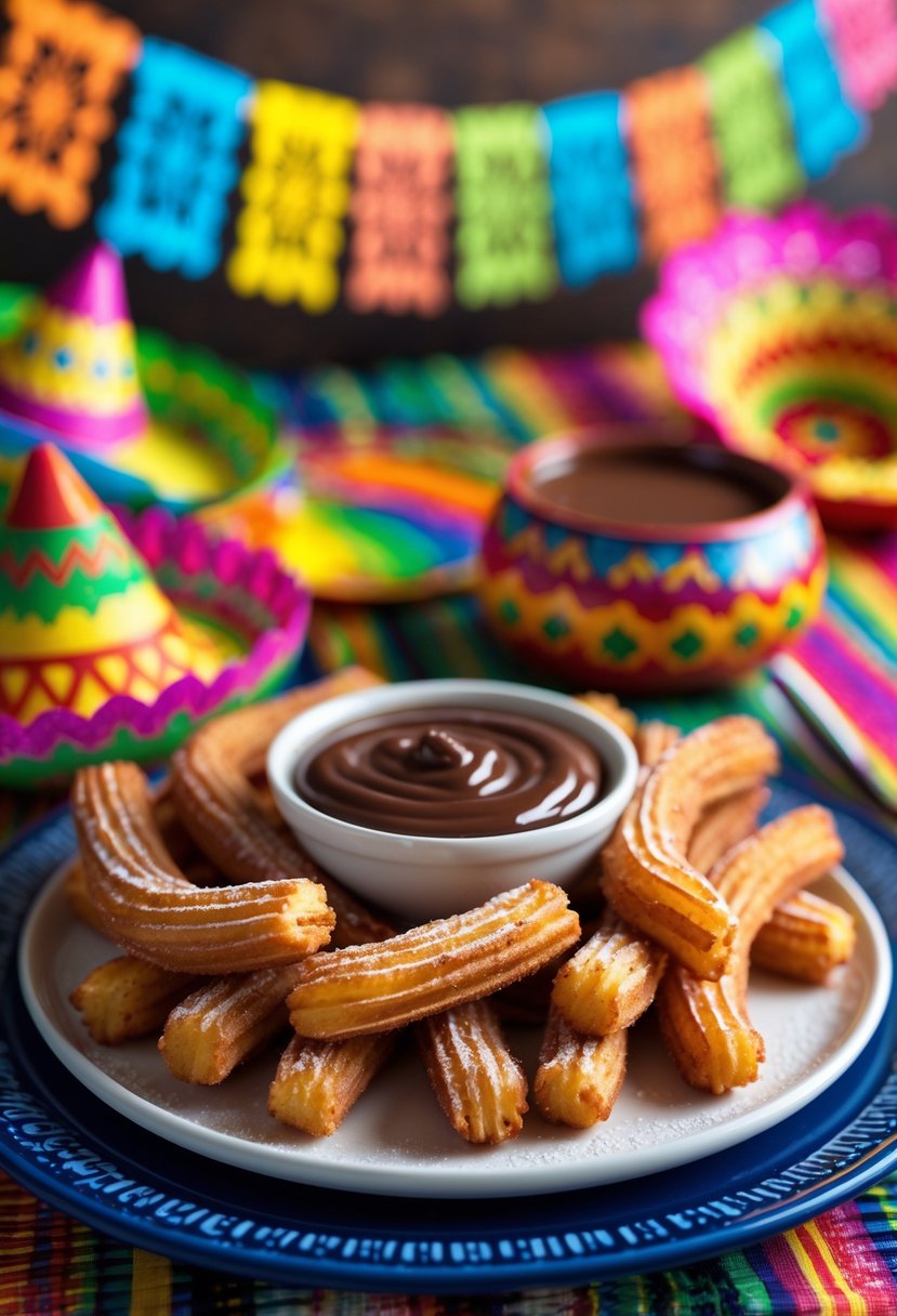 A plate of mini churros with cinnamon sugar and a bowl of chocolate dipping sauce on a festive table with colorful decorations.