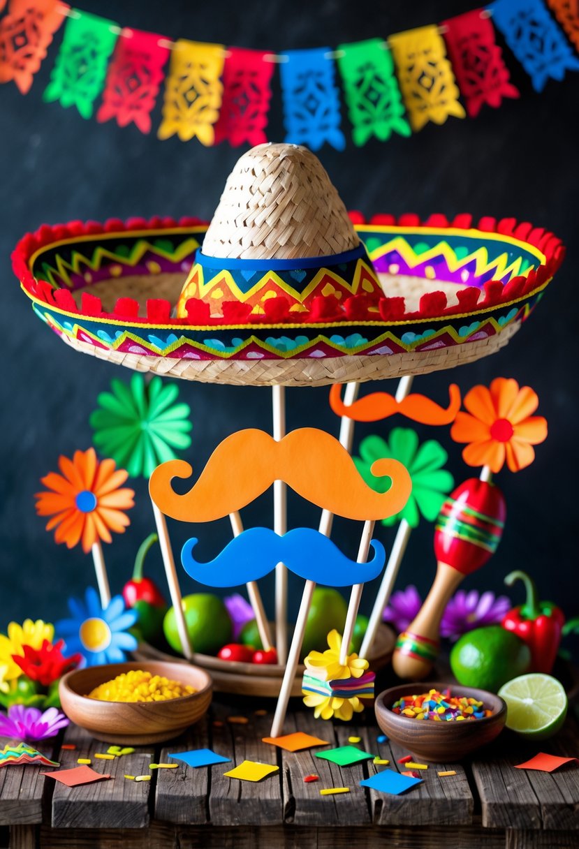 Colorful Mexican sombrero and mustache photo booth props arranged on a wooden table with festive decorations.