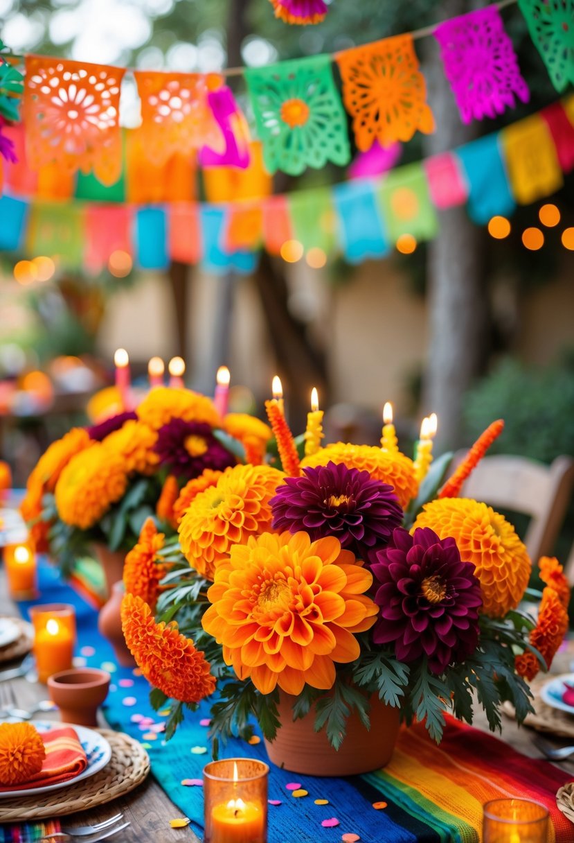 A table decorated with vibrant marigold and dahlia flower centerpieces surrounded by colorful fiesta-themed decorations.