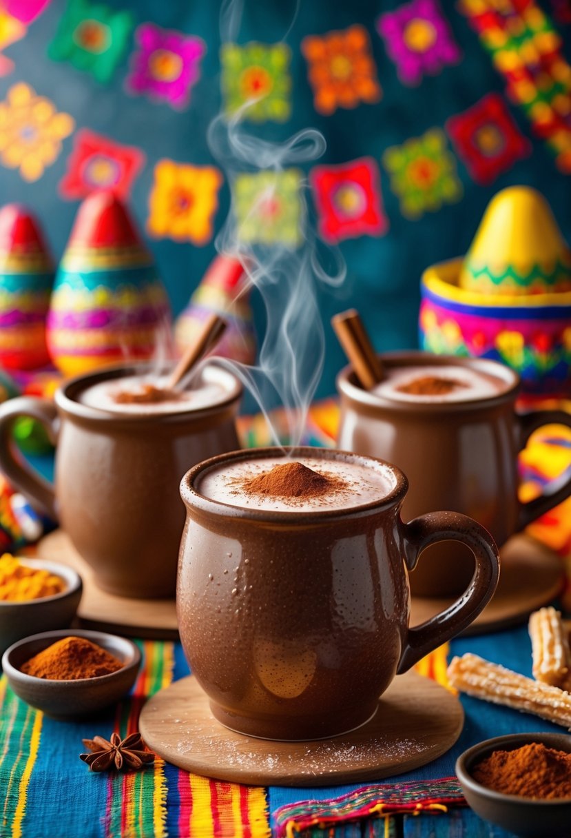 Two mugs of Mexican hot chocolate on a colorful table with fiesta decorations and churros.
