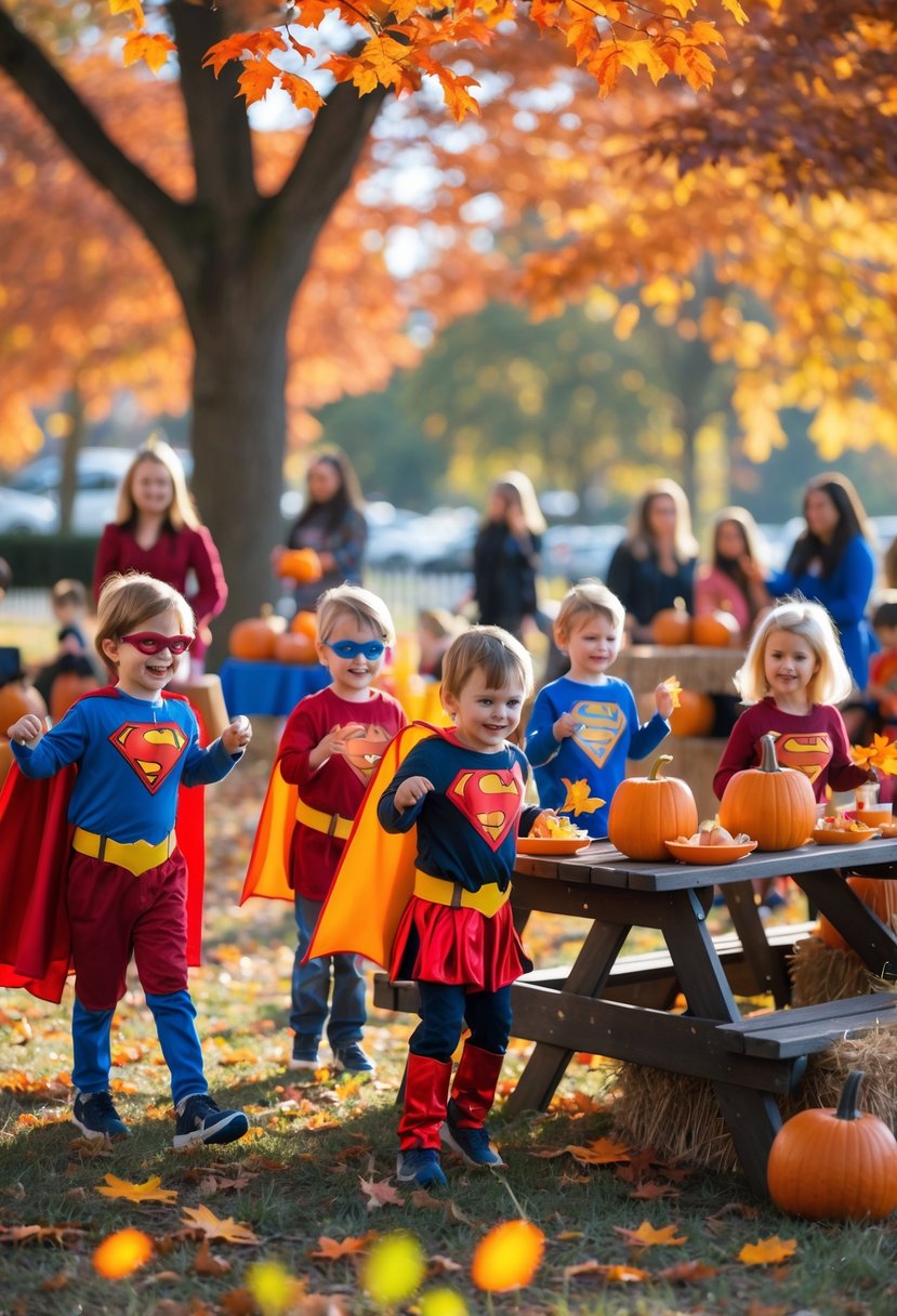 Children dressed as superheroes playing and celebrating a birthday outdoors surrounded by colorful autumn leaves and fall decorations.