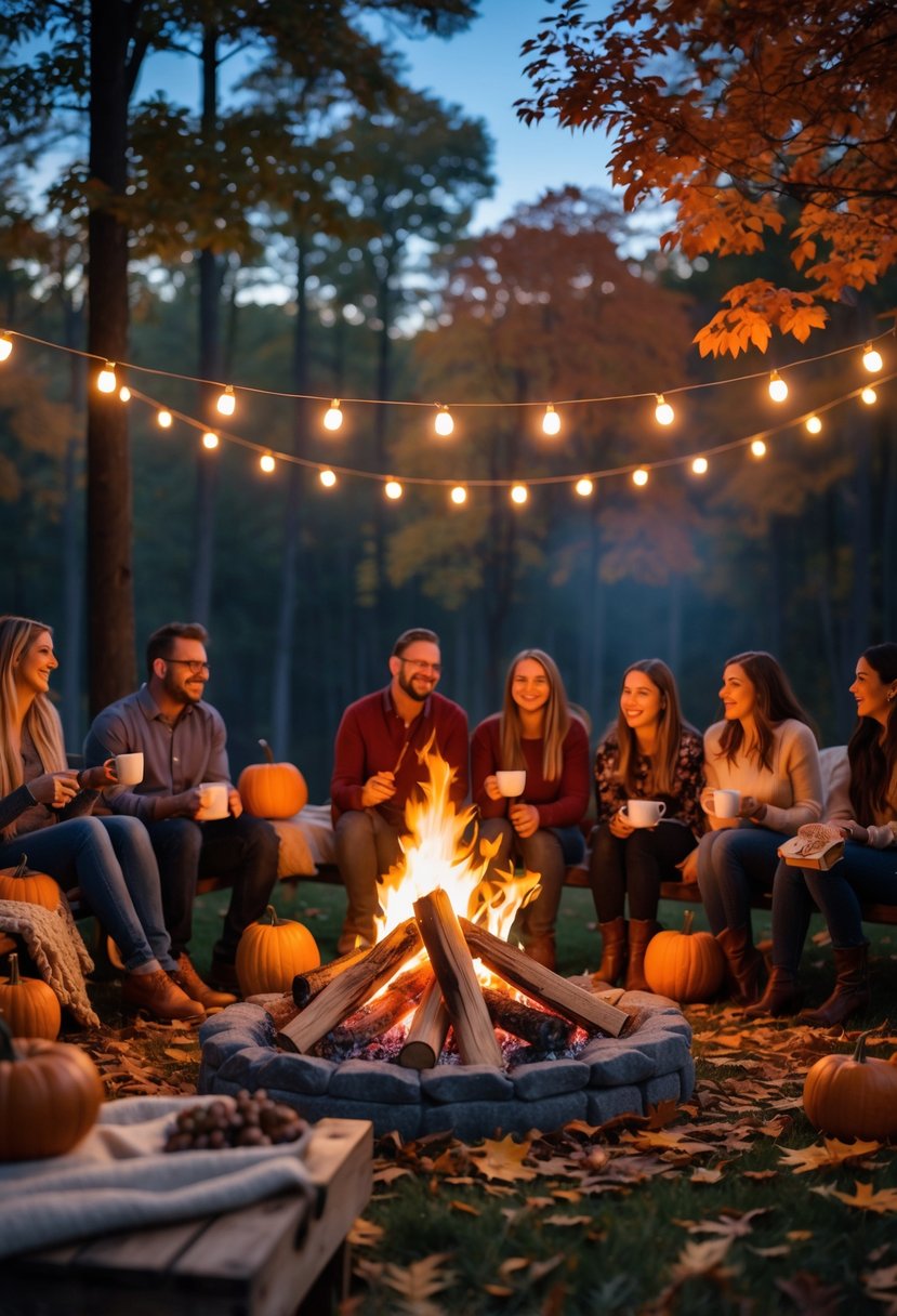A group of people gathered around a bonfire outdoors in the fall, surrounded by autumn leaves and decorations, enjoying a birthday celebration.
