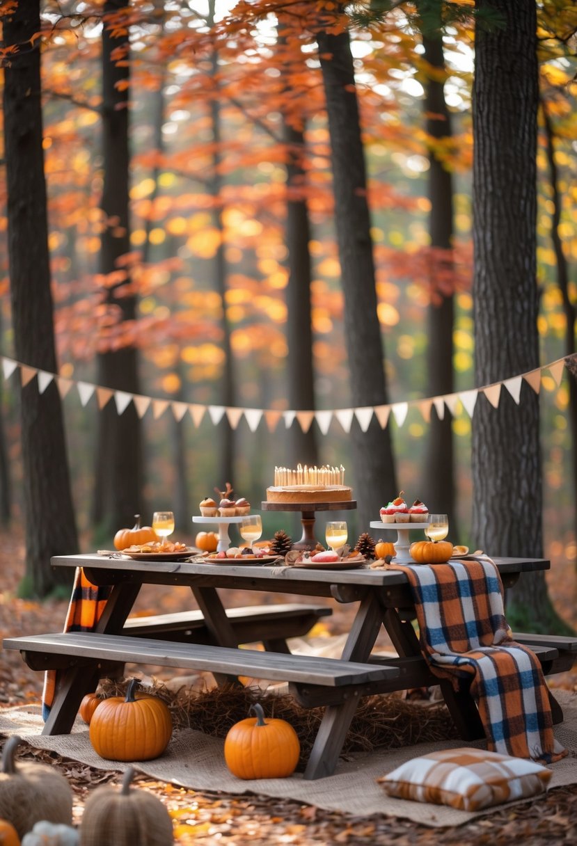 A picnic table in a forest surrounded by autumn trees with colorful leaves, decorated with pumpkins, treats, and cozy blankets for a fall birthday celebration.
