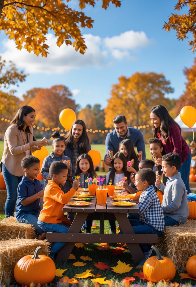 Children and parents celebrating a fall birthday party outdoors with autumn decorations and festive activities.