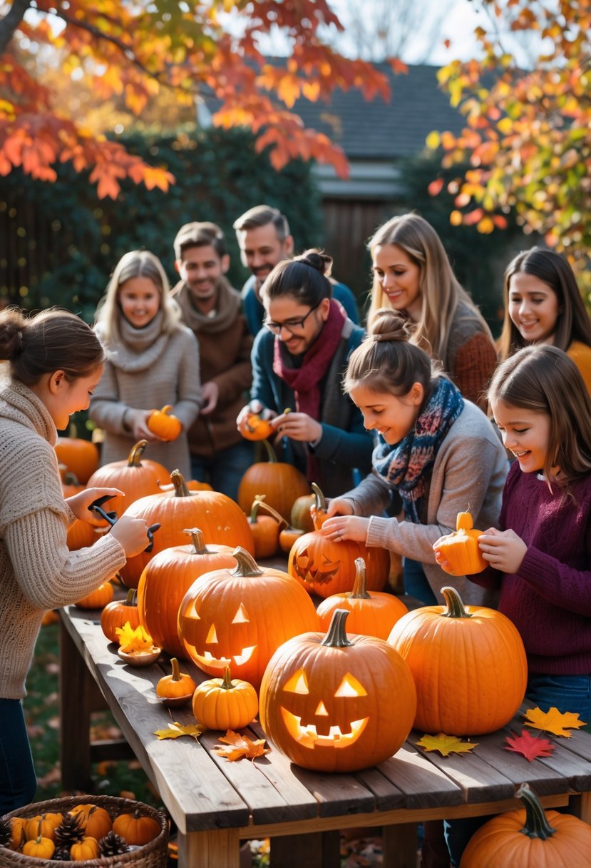 People carving pumpkins outdoors at a fall gathering surrounded by colorful autumn leaves and decorations.