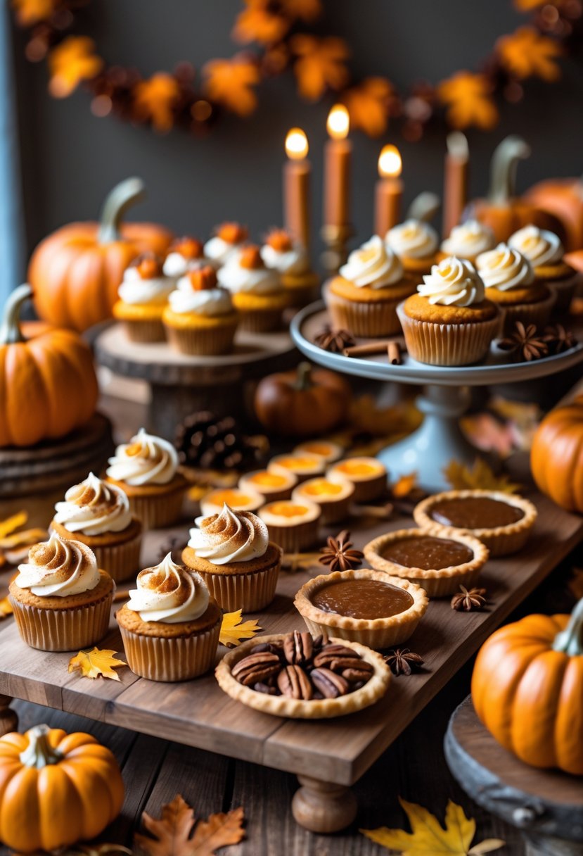 A table filled with various fall-themed spiced desserts including cupcakes, tarts, cookies, and pies, decorated with small pumpkins and autumn leaves.
