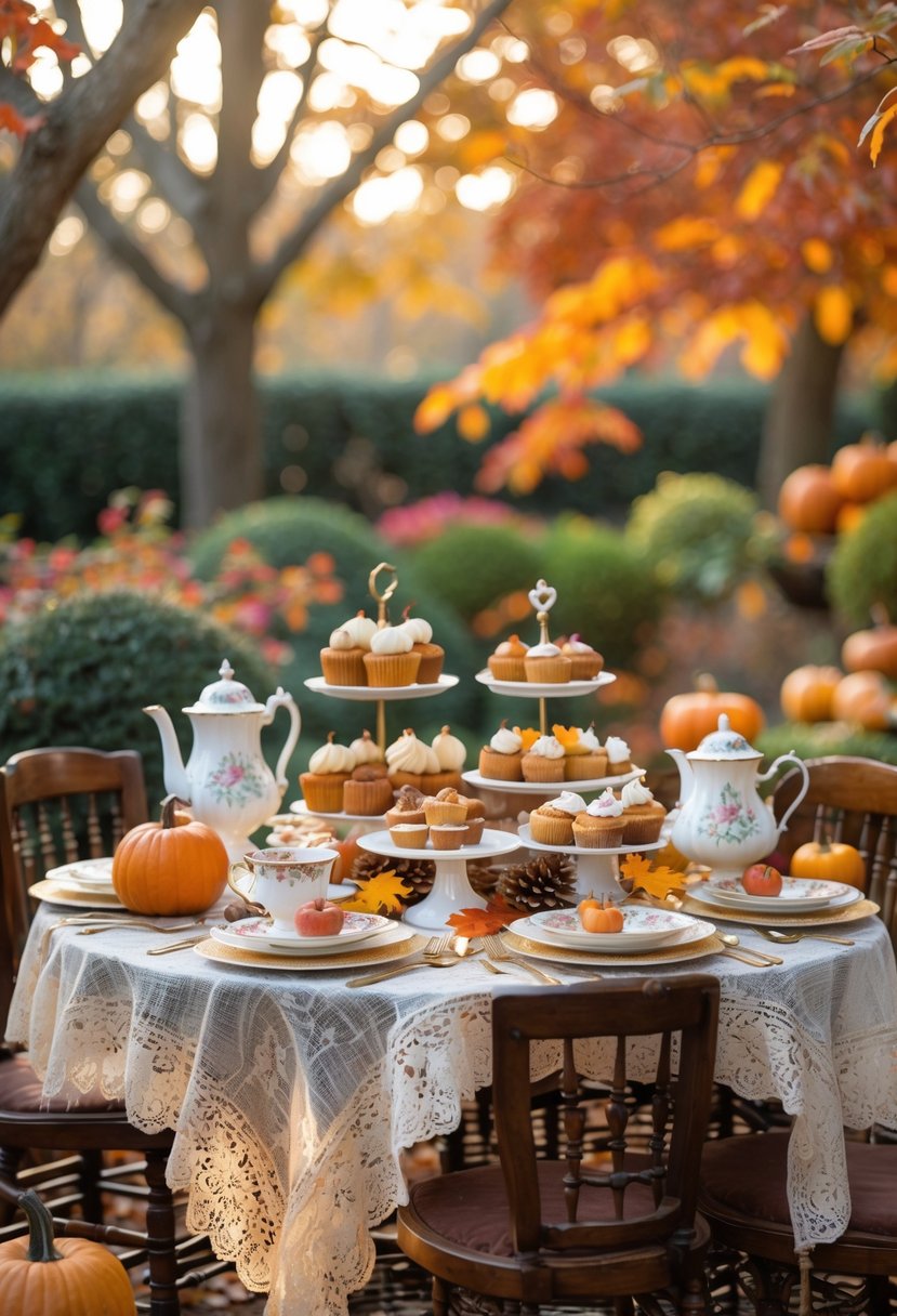 An outdoor wooden table set for a fall tea party with teacups, pumpkins, autumn leaves, and plates of seasonal desserts surrounded by colorful fall trees.