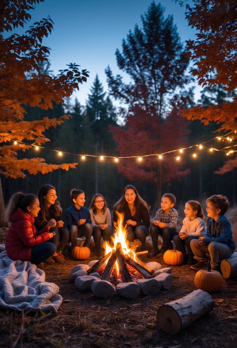 A group of children and adults sitting around a campfire in a forest during autumn, listening to stories and enjoying a fall birthday party.