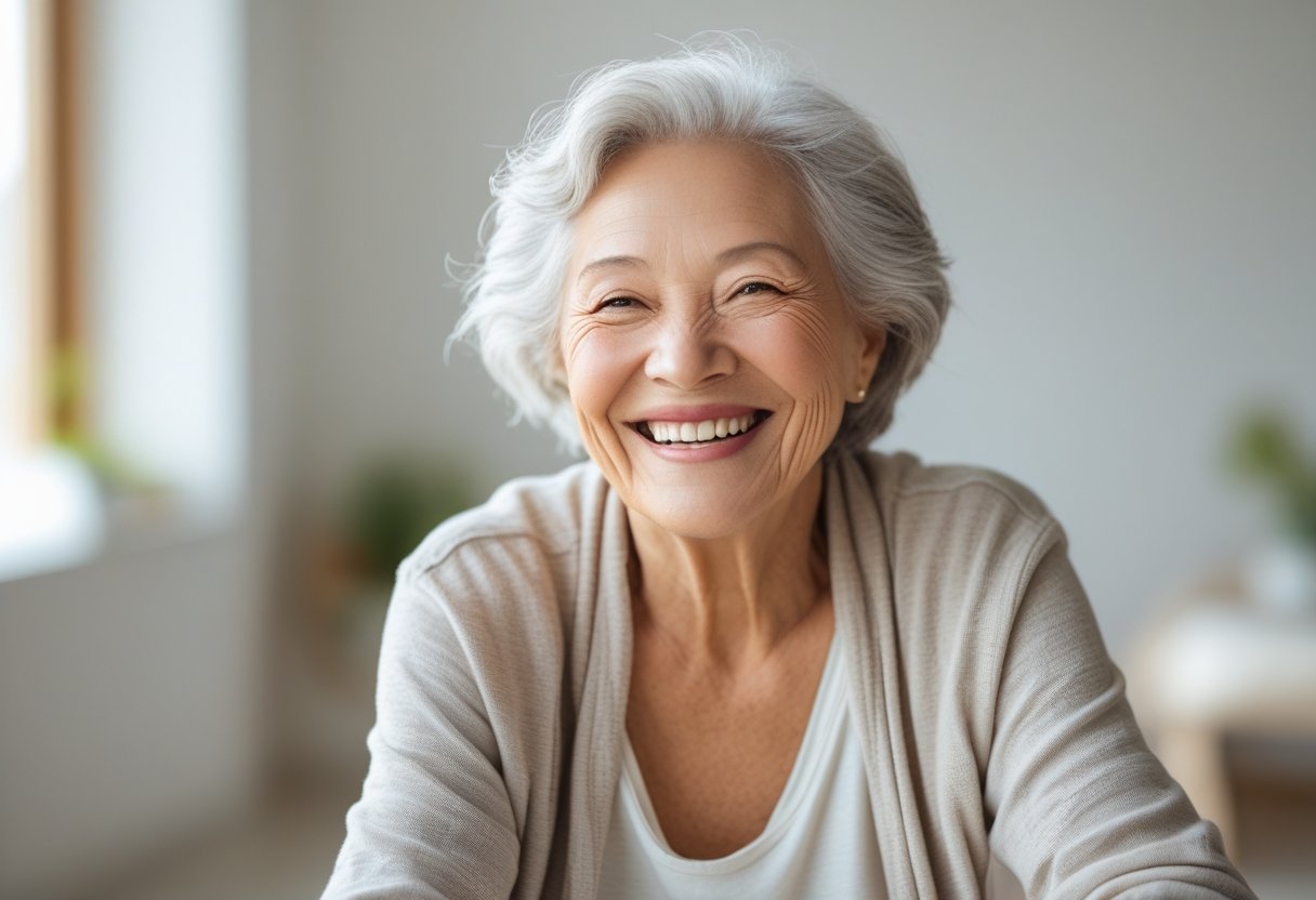Mulher idosa sorrindo confiante em ambiente interno iluminado suavemente, mostrando rugas naturais no rosto.