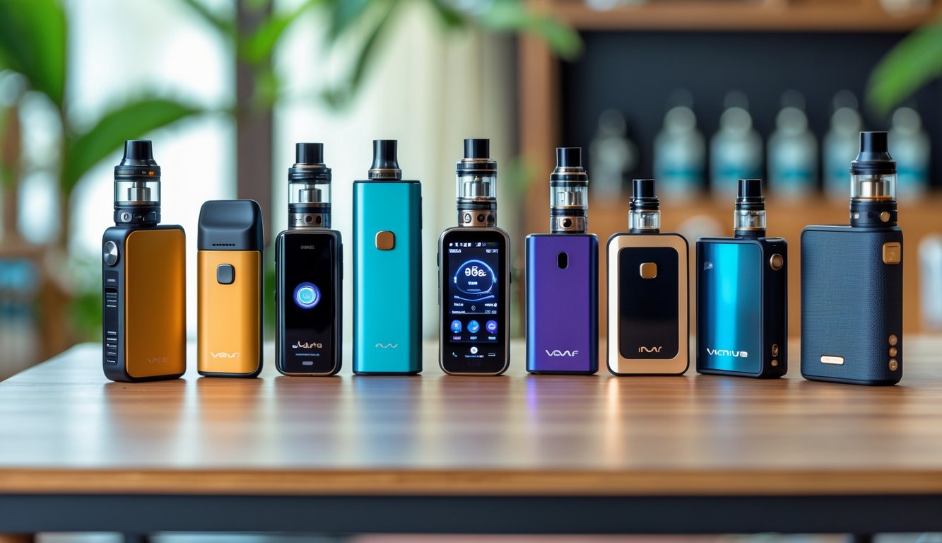 Berbagai perangkat vape untuk pemula yang tersusun rapi di atas meja kayu dalam ruangan yang nyaman.